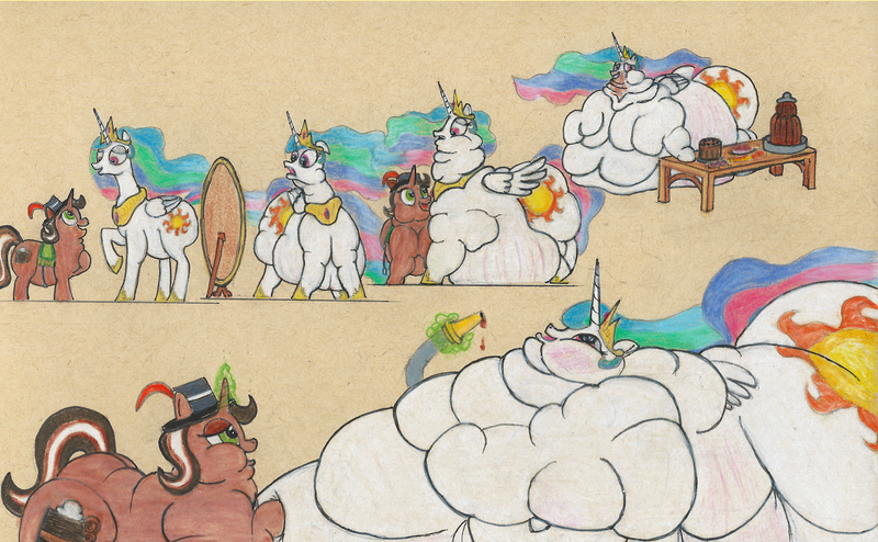 Size: 1945x1200 | Tagged: questionable, artist:white-eyed vireo, princess celestia, oc, oc:nachspeise, alicorn, pony, unicorn, belly, big belly, bingo wings, bloated, blob, blobface, butt, chubby cheeks, chubbylestia, comic, dining table, double chin, duo, eating, fanfic art, fat, fat ass, fat face, feedee, feeder, feeding tube, flabby chest, hose, huge belly, huge butt, immobile, impossibly large belly, impossibly obese, large butt, levitation, magic, messy eating, morbidly obese, neck roll, obese, rolls of fat, saddle, stretched cutie mark, stretchmarks, stuffed, stuffed belly, tack, telekinesis, traditional art, triple chin, weight gain sequence