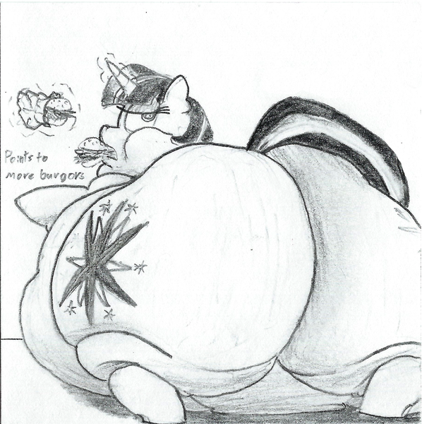 Size: 1649x1655 | Tagged: questionable, artist:white-eyed vireo, twilight sparkle, pony, unicorn, belly, belly bed, big belly, bingo wings, blob, burger, butt, chubby cheeks, double chin, drawing, eating, fat, female, food, hay burger, hidden wings, huge belly, huge butt, immobile, impossibly large belly, impossibly large butt, impossibly obese, large butt, looking at you, looking back, looking back at you, monochrome, morbidly obese, multichin, neck roll, obese, rolls of fat, solo, stretchmarks, traditional art, twibutt, twilard sparkle, twilight burgkle, unicorn twilight