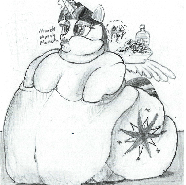 Size: 1672x1665 | Tagged: questionable, artist:white-eyed vireo, twilight sparkle, twilight sparkle (alicorn), alicorn, pony, belly, belly bed, belly button, big belly, bingo wings, butt, chips, chubby cheeks, double chin, drawing, fat, female, flabby chest, food, huge belly, huge butt, immobile, impossibly large belly, impossibly large butt, impossibly obese, large butt, levitation, magic, monochrome, morbidly obese, multichin, munching, nachos, neck roll, obese, rolls of fat, sitting up, solo, telekinesis, traditional art, twilard sparkle