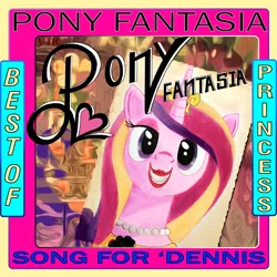Size: 1200x1200 | Tagged: safe, artist:white-eyed vireo, princess cadance, ponified, alicorn, pony, album, album cover, bedroom eyes, canterlot, graphic design, graphic design is my passion, jewelry, looking at you, makeup, mixed media, parody, piano fantasia, smiling, song for denise, synthwave, text
