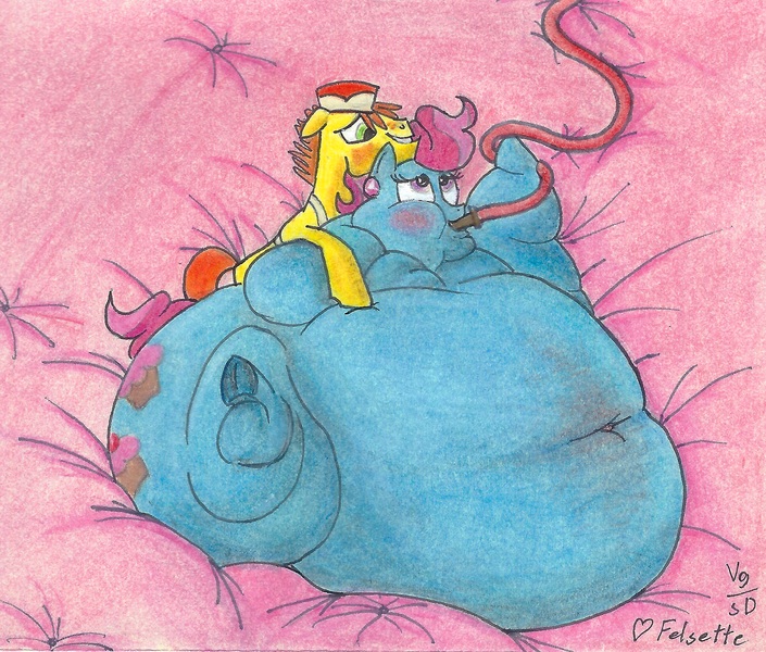 Size: 1800x1533 | Tagged: questionable, artist:white-eyed vireo, carrot cake, cup cake, earth pony, pony, belly, belly bed, belly button, big belly, bingo wings, blushing, butt, chubby cheeks, cuddling in bed, double chin, drawing, duo, fat, feedee, feeding tube, flabby chest, frog (hoof), huge belly, huge butt, immobile, impossibly large belly, impossibly large butt, impossibly obese, large butt, lying down, male, mattress, morbidly obese, multichin, neck roll, obese, rolls of fat, side, sitting up, snuggling, stallion, stuffed belly, thick cup cake, traditional art, underhoof