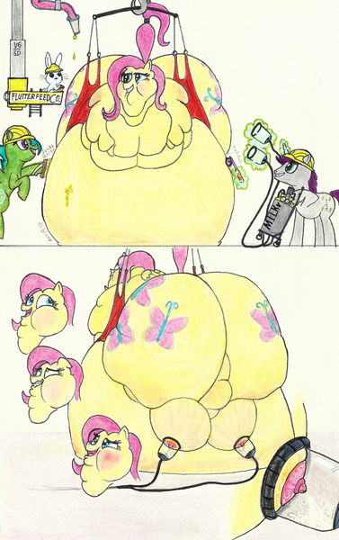 Size: 1200x1912 | Tagged: questionable, artist:white-eyed vireo, angel bunny, fluttershy, written script, oc, oc:radicchio, pegasus, pony, unicorn, ahegao, bariatric lift, bed, belly, bellyrubs, big belly, big crotchboobs, blushing, both cutie marks, clenched teeth, crotchboobs, fat, fat fetish, fattershy, feeding tube, female, fetish, floppy ears, fluttercow, grin, hard hat, hose, huge belly, huge crotchboobs, immobile, impossibly large belly, impossibly large crotchboobs, impossibly obese, large butt, laying on bed, lying down, male, milk, milking, milking machine, morbidly obese, nipples, nudity, obese, on bed, open mouth, rolls of fat, smiling, stallion, tongue out, traditional art