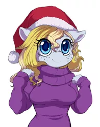 Size: 1344x1716 | Tagged: safe, artist:evomanaphy, paywalled source, oc, oc:evo, unofficial characters only, anthro, earth pony, anime eyes, anthro oc, big breasts, blonde, blushing, breasts, chibi, christmas, christmas sweater, clothes, cute, eye clipping through hair, female, freckles, hat, holiday, image, png, santa hat, scarf, simple background, solo, sweater, sweater puppies, white background, wip