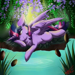 Size: 1235x1235 | Tagged: safe, artist:yuris, twilight sparkle, twilight sparkle (alicorn), alicorn, pony, chest fluff, forest, lake, reeds, solo, water