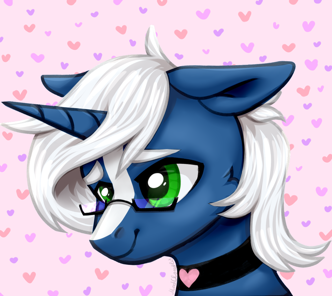 Size: 1303x1161 | Tagged: safe, artist:madcloudlet, oc, oc:passi, unofficial characters only, pony, unicorn, bust, choker, femboy, floppy ears, gay, glasses, horn, male, portrait, simple background, smiling, solo, solo male, spots, unicorn oc