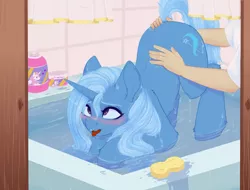 Size: 2571x1950 | Tagged: source needed, suggestive, alternate version, artist:evlass, derpibooru import, trixie, human, pony, unicorn, fanfic:первопроходец, ahegao, ass up, bath, bathing, bathroom, bathtub, blushing, cross-eyed, cutie mark, face down ass up, faceless male, fanfic art, female, horn, human on pony action, image, implied fingering, implied masturbation, interspecies, male, mare, offscreen character, open mouth, png, shampoo, soap, sponge, tongue out, washing, water