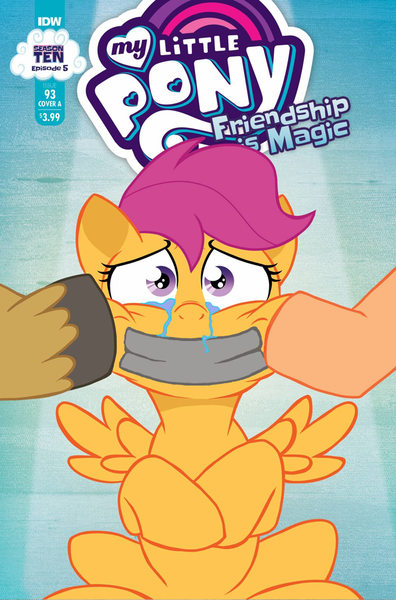 Size: 675x1024 | Tagged: semi-grimdark, suggestive, artist:nanook123, edit, mane allgood, scootaloo, snap shutter, pegasus, pony, spoiler:comic, spoiler:comic93, abuse, cover, crying, duct tape, fear, female, foal, foal abuse, foalcon, foalnapping, forced smile, gag, i can't believe it's not idw, implied incest, implied rape, season 10, solo, tape, tape gag, teary eyes, underage