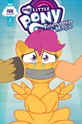 Size: 675x1024 | Tagged: semi-grimdark, suggestive, artist:nanook123, edit, mane allgood, scootaloo, snap shutter, pegasus, pony, spoiler:comic, spoiler:comic93, abuse, cover, crying, duct tape, fear, female, foal, foal abuse, foalcon, foalnapping, forced smile, gag, i can't believe it's not idw, implied incest, implied rape, season 10, solo, tape, tape gag, teary eyes, underage