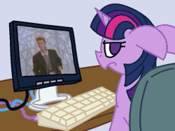 Size: 800x600 | Tagged: safe, artist:skookz, twilight sparkle, human, pony, unicorn, angry, animated, chair, computer, desk, female, floppy ears, gif, keyboard, looking back, mare, monitor, rick astley, rickroll, sitting, solo, wires