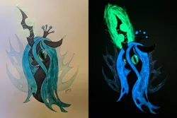 Size: 2000x1333 | Tagged: safe, artist:brisineo, derpibooru import, queen chrysalis, changeling, changeling queen, black background, bust, comparison, female, glowing eyes, glow-in-the-dark, image, looking at you, magic, png, portrait, simple background, smiling, solo, traditional art, white background