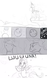 Size: 743x1225 | Tagged: safe, artist:tenchisamoshi, ponibooru import, princess celestia, princess luna, alicorn, pony, angery, comic, eclipse, female, monochrome, moon, s1 luna, sketch, smiling, sun, trolluna