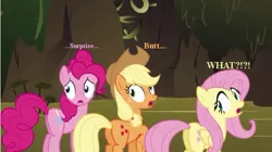 Size: 635x355 | Tagged: suggestive, edit, edited screencap, ponibooru import, screencap, applejack, fluttershy, pinkie pie, earth pony, pegasus, pony, female, frown, outdoors, shocked, surprise buttsex, text, worried
