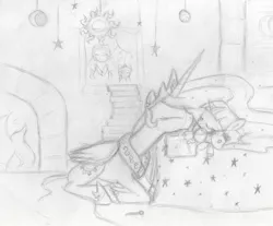 Size: 900x744 | Tagged: safe, artist:bri-sta, ponibooru import, princess celestia, smarty pants, twilight sparkle, alicorn, unicorn, bed, book, duo, ethereal mane, female, filly, filly twilight sparkle, fireplace, kneeling, photo, sketch, sleeping, traditional art, younger