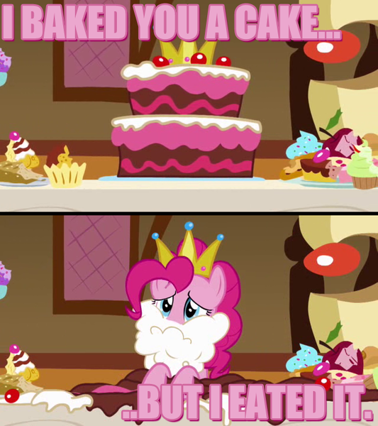 Size: 640x720 | Tagged: safe, edit, edited screencap, ponibooru import, screencap, pinkie pie, earth pony, pony, cake, caption, comic, female, food, mare, meme, sad, solo