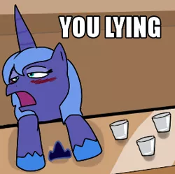 Size: 281x280 | Tagged: safe, ponibooru import, princess luna, alicorn, pony, blushing, caption, drunk, female, image macro, impact font, mare, open mouth, reaction image, s1 luna, solo, text