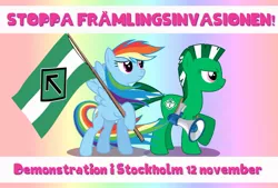 Size: 1024x691 | Tagged: artist needed, safe, banned from derpibooru, deleted from derpibooru, rainbow dash, oc, oc:victory faith, earth pony, pegasus, pony, cutie mark, female, logo, mare, megaphone, nazi, nordic, nordic resistance movement, politics, runes, shield, symbol, text