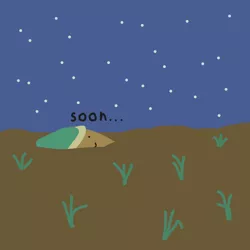 Size: 2048x2048 | Tagged: :), altbooru exclusive, artist:2merr, bandana, buried, dialogue, dirt, drawn on phone, female, food, grass, night, oc, oc:tater trot, partially submerged, potato, safe, sky, smiley face, smiling, solo, soon, stars, stylistic suck, twibooru exclusive, unofficial characters only