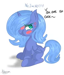 Size: 804x953 | Tagged: source needed, safe, artist:nersigon, princess luna, alicorn, pony, blatant lies, blushing, cute, female, filly, folded wings, horn, i'm not cute, pouting, simple background, sitting, tsundere, tsunderuna, wings, woona, younger