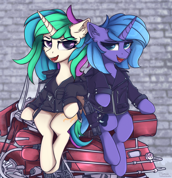 Size: 4050x4200 | Tagged: safe, artist:lakunae, princess celestia, princess luna, alicorn, pony, back to back, clothes, cosplay, costume, female, gun, jacket, mad max, mare, motorcycle, royal sisters, shotgun, siblings, sisters, sitting, weapon