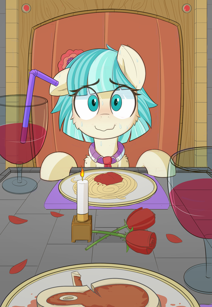 Size: 1328x1925 | Tagged: source needed, useless source url, safe, artist:nignogs, derpibooru import, coco pommel, earth pony, pony, /mlp/, 4chan, alcohol, bendy straw, blushing, candle, candlelight dinner, cheek fluff, cocobetes, cute, date, dinner, drinking straw, embarrassed, female, floppy ears, flower, food, herbivore vs omnivore, hooves on the table, image, looking at you, mare, meat, meme, nervous, offscreen character, pasta, png, pov, reversed gender roles equestria, reversed gender roles equestria general, romantic dinner, rose, rose petals, shy, spaghetti, steak, straw, sweat, sweating bullets, sweating profusely, waifu dinner, wine