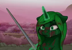 Size: 3000x2102 | Tagged: alicorn, artificial alicorn, artist:misty horyzon, blood, blood on face, crying, derpibooru import, fallout equestria, fallout equestria: parallelism, green alicorn (fo:e), green eyes, green hair, oc, pink cloud (fo:e), semi-grimdark, solo, sword, unofficial characters only, weapon
