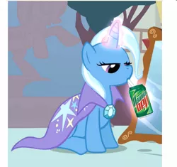 Size: 723x681 | Tagged: safe, edit, edited screencap, ponibooru import, screencap, trixie, pony, unicorn, boast busters, cape, clothes, drink, drinking, female, magic, mare, mirror, mountain dew, outdoors, ponyville, sitting, soda can