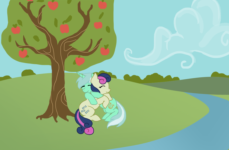 Size: 1000x656 | Tagged: safe, ponibooru import, bon bon, lyra heartstrings, sweetie drops, earth pony, pony, unicorn, apple, apple tree, duo, female, hill, hug, mare, outdoors, tree