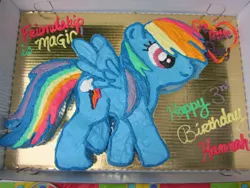 Size: 1000x750 | Tagged: safe, ponibooru import, rainbow dash, pegasus, pony, birthday cake, cake, female, food, irl, mare, photo, text