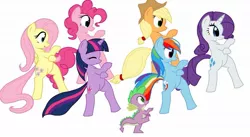 Size: 1261x691 | Tagged: safe, ponibooru import, applejack, fluttershy, pinkie pie, rainbow dash, rarity, spike, twilight sparkle, dragon, earth pony, pegasus, pony, unicorn, bipedal, dancing, female, male, mane six, mare, simple background, unicorn twilight, white background