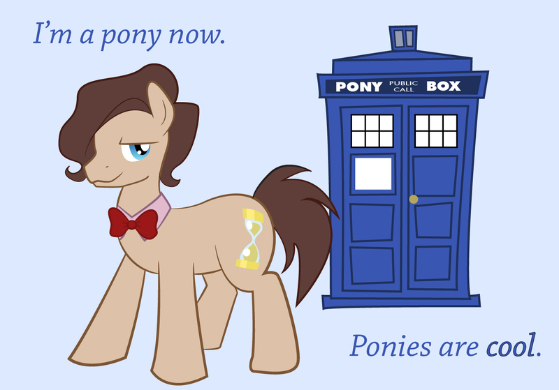 Size: 1421x993 | Tagged: artist needed, safe, derpibooru import, ponibooru import, doctor whooves, time turner, ponified, earth pony, pony, bowtie, crossover, doctor who, eleventh doctor, image, jpeg, male, matt smith, simple background, solo, stallion, standing, tardis, text