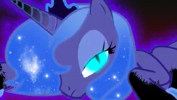 Size: 889x500 | Tagged: safe, ponibooru import, nightmare moon, princess luna, alicorn, pony, ethereal mane, female, looking at you, mare, s1 luna, slit eyes, solo, transformation