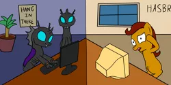 Size: 8000x4000 | Tagged: safe, artist:anonymous, oc, changeling, earth pony, pony, leak, /mlp/, 4chan, computers, drawthread, fangs, hacks, hasbro, image, leaks, male, panic, png, shrunken pupils, sitting, smiling, stallion, tree, window