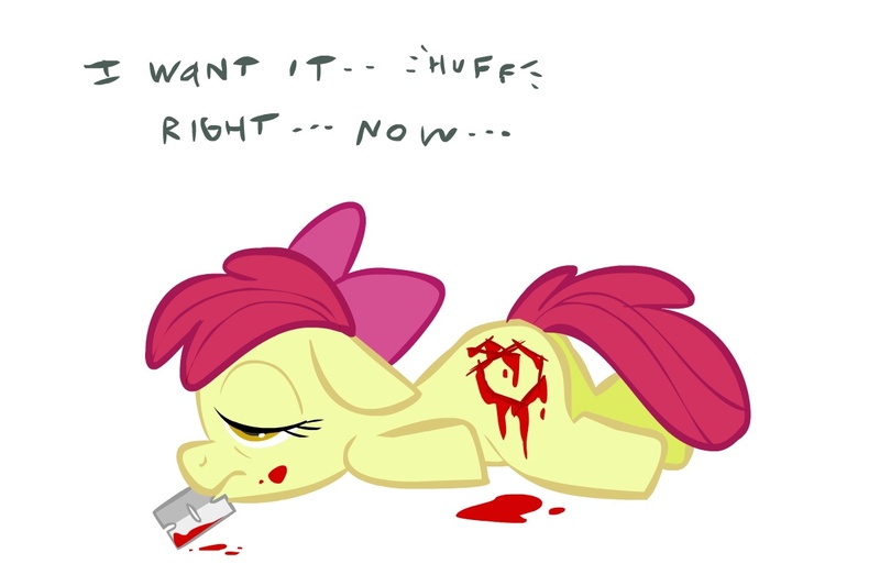 Size: 1200x800 | Tagged: semi-grimdark, ponibooru import, apple bloom, pony, blank flank, blood, cutting, dialogue, emo, female, filly, mouth hold, razor blade, sad, self harm, simple background, solo, text, white background