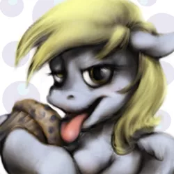 Size: 500x500 | Tagged: suggestive, ponibooru import, derpy hooves, pegasus, pony, bedroom eyes, breasts, chestbreasts, female, food, looking at you, mare, muffin, simple background, solo, solo female, tongue out, why