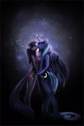 Size: 667x1000 | Tagged: suggestive, artist:cosmicunicorn, princess luna, twilight sparkle, alicorn, pony, unicorn, duo, duo female, female, hooved anthro, kissing, lesbian, mare, nipples, nudity, shipping, space, standing, twiluna
