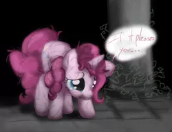 Size: 827x635 | Tagged: semi-grimdark, ponibooru import, pinkie pie, pony, unicorn, dialogue, female, mare, messy mane, sad, scar, solo