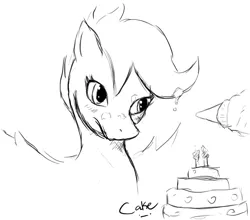 Size: 964x850 | Tagged: suggestive, ponibooru import, scootaloo, pegasus, pony, cake, female, filly, food, frosting, icing bag, simple background, sketch, white background