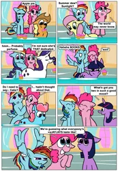 Size: 770x1112 | Tagged: suggestive, ponibooru import, applejack, fluttershy, pinkie pie, rainbow dash, rarity, twilight sparkle, earth pony, pegasus, pony, unicorn, comic, dialogue, female, lesbian, mare, smiling, spread wings, unicorn twilight, wingboner, wings