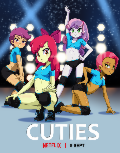 Size: 3858x4905 | Tagged: questionable, artist:the-dark-mangaka, banned from derpibooru, apple bloom, babs seed, scootaloo, sweetie belle, human, equestria girls, clothes, cuties, lolicon, netflix, parody, poster, poster parody, underage