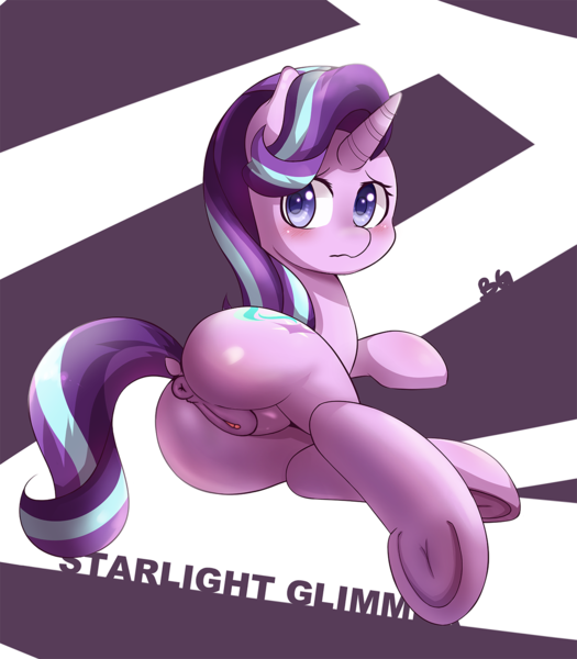 Size: 1400x1600 | Tagged: explicit, artist:tikrs007, edit, starlight glimmer, pony, unicorn, abstract background, anus, blushing, butt, colored pupils, dock, female, frog (hoof), glimmer glutes, looking back, nudity, plot, ponut, prone, solo, solo female, underhoof, vagina, wavy mouth