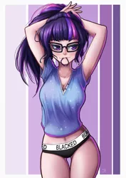 Size: 1696x2400 | Tagged: suggestive, artist:the-park, banned from derpibooru, edit, unauthorized edit, sci-twi, twilight sparkle, equestria girls, legend of everfree, abstract background, arm behind head, beautiful, belly button, big breasts, black panties, blacked, blushing, border, branded hem, breasts, busty sci-twi, cleavage, clothes, eyelashes, female, glasses, hair tie, human coloration, looking sideways, messy hair, midriff, mouth hold, panties, ponytail, sexy, shirt, short shirt, signature, sleepwear, smiling, solo, standing, stupid sexy sci-twi, stupid sexy twilight, thigh gap, underass, underwear