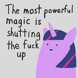 Size: 2048x2048 | Tagged: safe, artist:2merr, twilight sparkle, pony, unicorn, :), altbooru exclusive, dialogue, drawn on phone, female, gray background, horn, mare, reaction image, shut the fuck up, simple background, smiley face, smiling, solo, stfu, stylistic suck, talking to viewer, unicorn twilight, vulgar