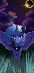 Size: 1440x3040 | Tagged: safe, artist:qbellas, princess luna, alicorn, pony, cheek fluff, eclipse, eye clipping through hair, female, looking at you, mare, night, s1 luna, serious, serious face, solar eclipse, solo, spread wings, wings
