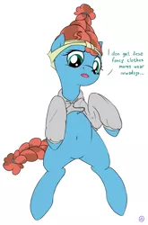 Size: 1721x2605 | Tagged: safe, artist:jh, meadowbrook, pony, accent, belly, belly button, clothes, cut-out shoulder hoodie, dialogue, female, hoodie, mare, solo