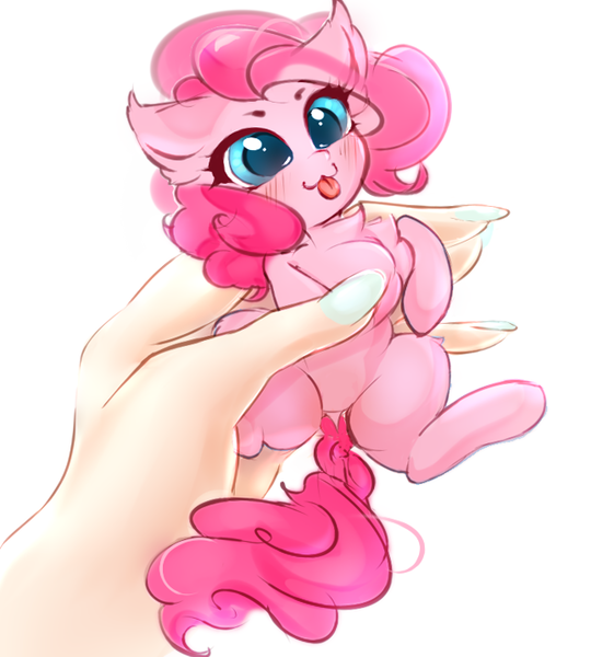 Size: 671x718 | Tagged: safe, artist:haokan, edit, pinkie pie, earth pony, pony, :p, blushing, cute, diapinkes, dock, female, hand, holding a pony, in goliath's palm, mare, micro, simple background, solo, tongue out, white background