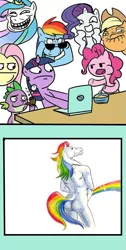 Size: 497x990 | Tagged: suggestive, ponibooru import, applejack, fluttershy, pinkie pie, princess celestia, rainbow dash, rarity, spike, twilight sparkle, oc, anthro, dragon, pony, butt, computer, female, implied watersports, male, mane six, mare, meme, plot, rainbow, simple background, standing, trollface, white background