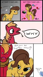 Size: 653x1170 | Tagged: suggestive, edit, ponibooru import, big macintosh, caramel, trixie, earth pony, pony, bedroom eyes, caramac, comic, dialogue, duo, female, gay, imminent sex, male, presenting, raised tail, rule 63, shipping, shocked, straw in mouth, tail