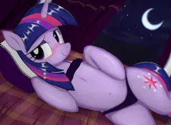 Size: 1024x745 | Tagged: suggestive, artist:neoshrek, banned from derpibooru, deleted from derpibooru, twilight sparkle, pony, unicorn, bed, bedroom eyes, belly button, blushing, bra, bra on pony, clothes, crescent moon, curtains, female, image, jpeg, moon, night, night sky, panties, plaid, sky, solo, solo female, underwear, unicorn twilight