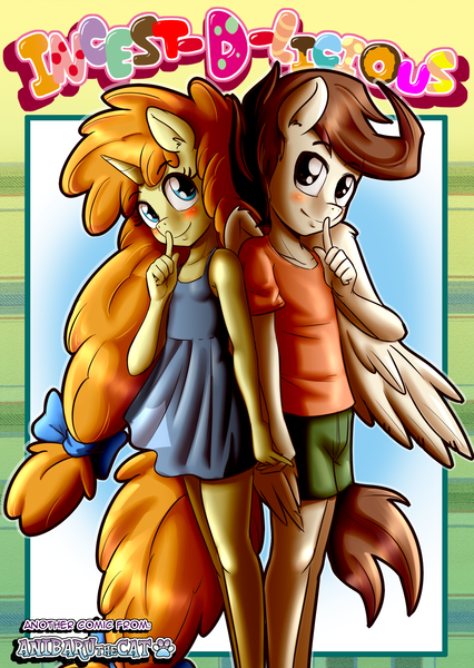 Size: 1860x2622 | Tagged: safe, artist:anibaruthecat, derpibooru import, pound cake, pumpkin cake, anthro, pegasus, unguligrade anthro, unicorn, comic:incest-d-licious, blushing, bow, brother and sister, cake twins, cakecest, caketwincest, clothes, cute, dress, duo, female, hair bow, holding hands, horn, image, incest, looking at you, looking up, male, older, older pound cake, older pumpkin cake, png, shipping, shirt, shorts, siblings, straight, title, title page, twincest, twins, watermark, wings