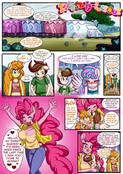 Size: 1860x2622 | Tagged: suggestive, artist:anibaruthecat, derpibooru import, pinkie pie, pound cake, princess flurry heart, pumpkin cake, alicorn, anthro, earth pony, pegasus, unguligrade anthro, unicorn, comic:incest-d-licious, angry, anime expressions, anime style, big breasts, blushing, bouncing, bouncing breasts, breasts, busty pinkie pie, cake twins, cakecest, caketwincest, clothes, comic, crying, crystal express, erect nipples, face in breasts, female, foalcon, heart, hug, image, insult, male, motorboating, namecalling, nipple outline, older, older pound cake, older pumpkin cake, onomatopoeia, pervert, png, ponk, sad, shipping, shirt, siblings, speech bubble, straight, tanktop, text, train, twincest, twins, underage, walking, wings